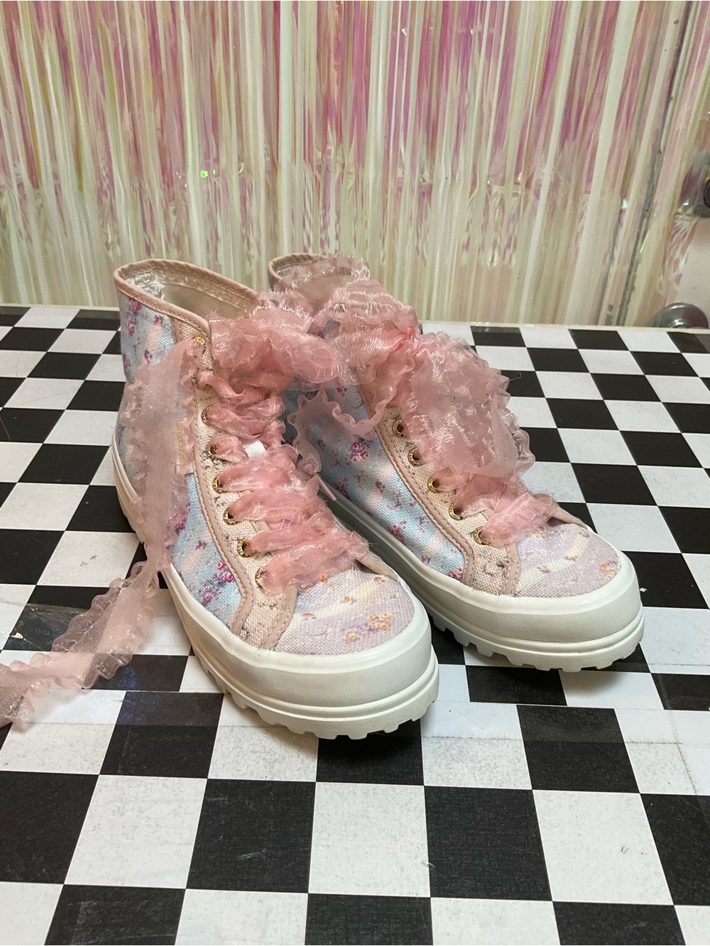 LoveShackFancy Pink Floral Lace-Up Platform Boots
